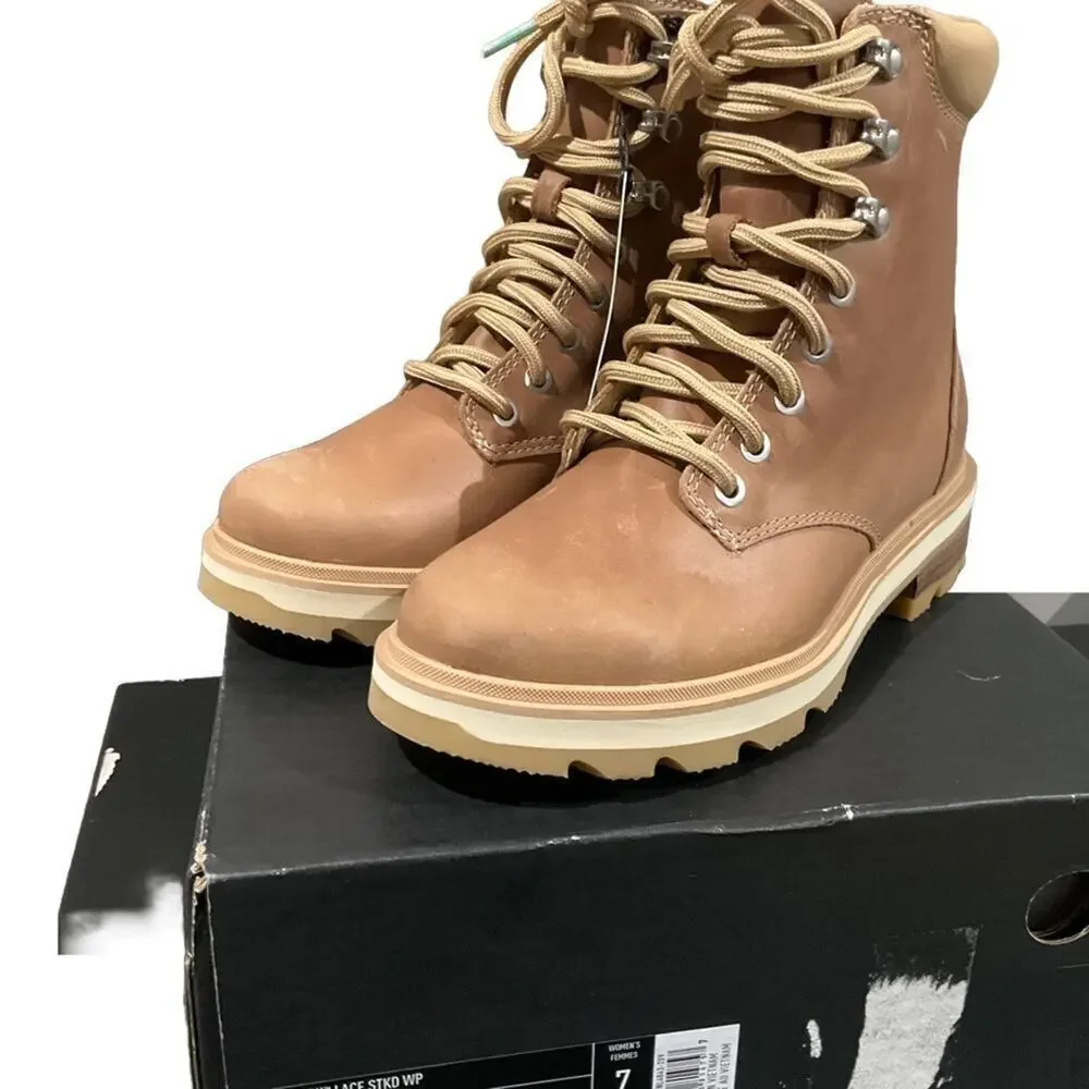 SOREL Women’s Lennox Lace STKD Waterproof Leather Boots Ceramic Canoe Size 7 NEW